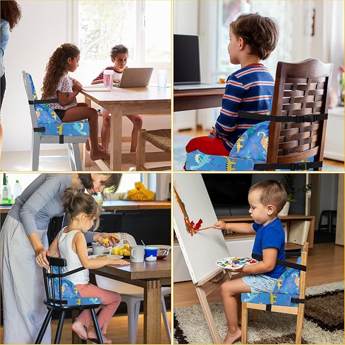 Toddler Booster Seat for Dining Table, 12.6x3.34 Inch Portable High Chair for Travel, Compact Lightweight With Adjustable Straps for Baby (Dinosaur)