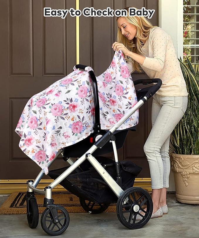 Rquite Muslin Car Seat Cover Baby, Carseat Covers Baby Girl Boy, Breathable Lightweight Infant Car Seat Cover, Baby Carrier Cover Car Seat Canopy Stroller Sun Shade for Summer & Hot Day, Universal Fit