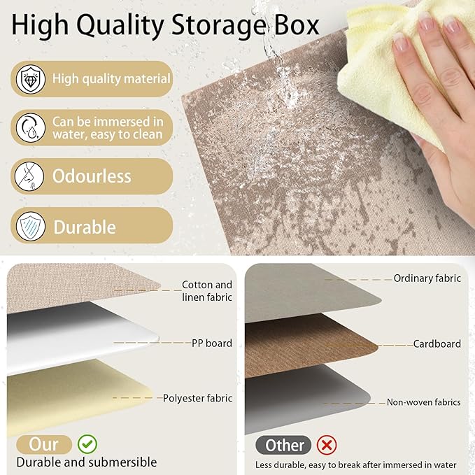 Yawinhe Collapsible Storage Boxes, Linen Fabric Baskets, Bin with lid and Leather Handle, Washable, for Home, Closet, Beige, 15.0''Lx9.8''Wx9.8''H, 5-Pack, USNK024BEL-5