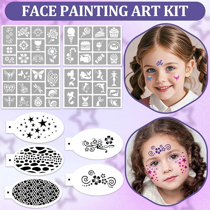 42 Colors Kids Face Painting Kit,Non Toxic Water Activated Face Paint Palette with 5 Reusable & 45 Sticky Stencils,11 Brushes,2 Gems.Ideal for Mardi Gras,Halloween,Christmas,makeup,Parties,Makeup etc.
