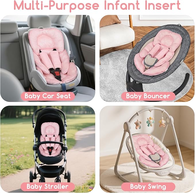 Infant Car Seat Insert for Newborn Girls Boys, Summer Mesh Baby Carseat Head Support with Strap Pads, Soft Reversible Baby Car Seat Insert Cushion Pad for Car Seat, Stroller, Bouncer, Swing, Pink