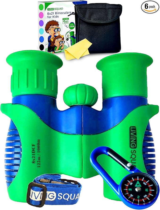 Kids Binoculars 8x21- Kids Gift Aged 3-12, Shock Proof Compact Binoculars for Child Set- Neck Strap, Compass, Carabiner, Case- High-Resolution Optics Boy & Girl Gift Toy for Bird Watching, Camping