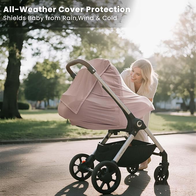 Konssy Baby Car Seat Cover with Breathable Mesh Window, Stretchy Windproof and Sunshade Canopy for Infant Car Seats, Boys and Girls