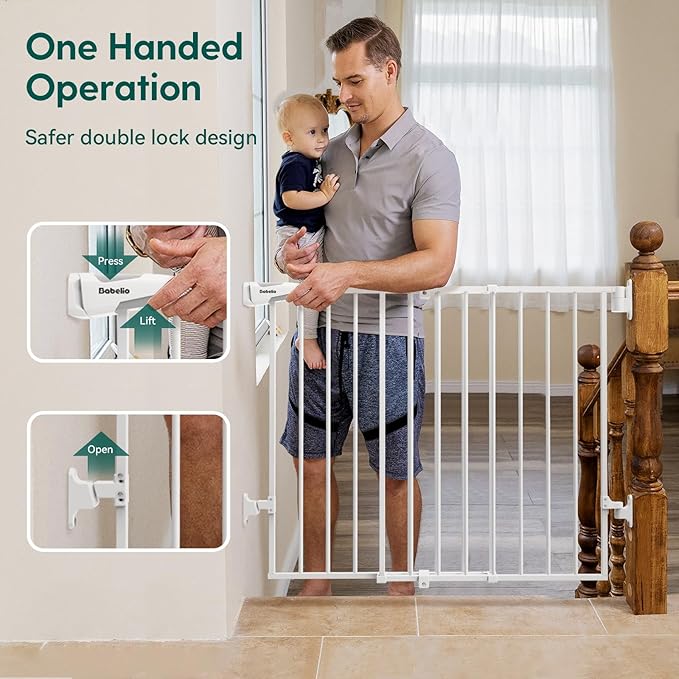 Babelio 26-43" No Bottom Bar Baby Gate for Babies, Elders and Pets, 2-in-1 Hardware Mount Dog Gate for The House, Stairs and Doorways, with Large Walk Thru Door, White