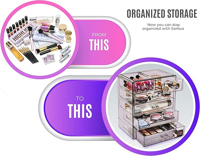 Sorbus Acrylic Makeup Organizer - Organization and Storage Case for Cosmetics Make Up & Jewelry - Big Clear Makeup Organizer for Vanity, Bathroom, College Dorm, Closet, Desk (4 Large, 2 Small Drawers)