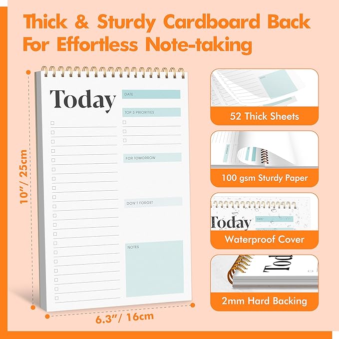 To Do List Notepad, Daily Planner Notebook with 52 Tear-off Sheets, Undated Writing Organizer for Daily Tasks and Goal, Coiled Task Track Checklist Productivity Pad for Office, Classroom, Home, School