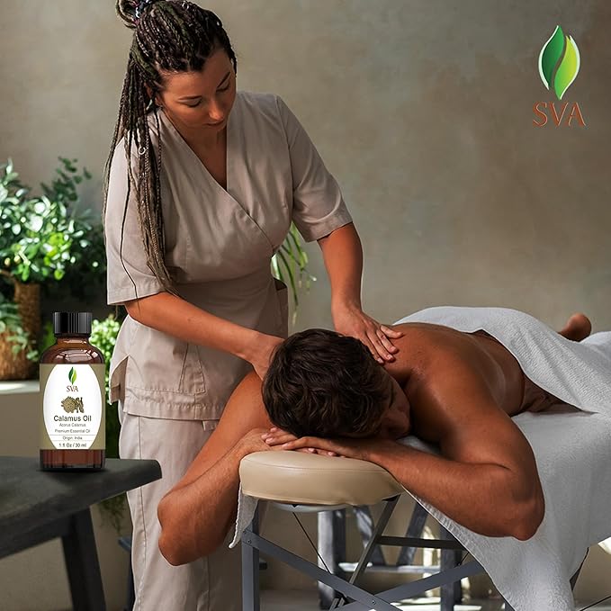 SVA Calamus Essential Oil – 1 Fl Oz – 100% Natural Calamus Oil - for Diffuser, Hair Care, Face, Skin Care, Aromatherapy, Scalp and Body Massage, Soap and Candle Making – with Dropper