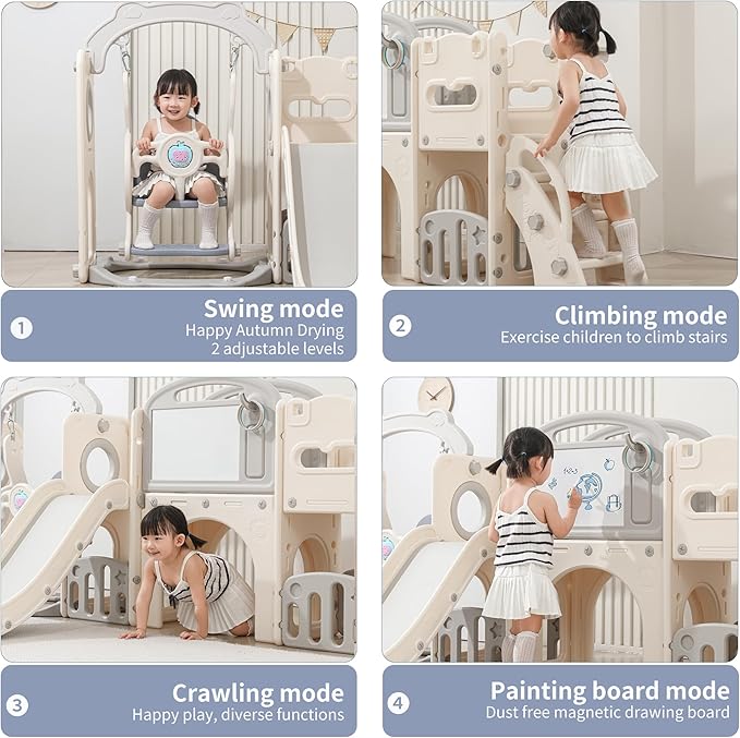 12 in 1 Toddler Outdoor Playset with Swing, Indoor Swing and Slide Set Playground for Toddlers 1-3, Durable Climber Basketball Hoop Ball Toddler Indoor Playset for Home Playground-White Grey