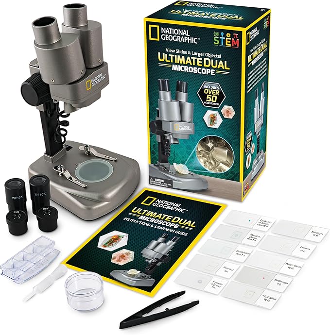 NATIONAL GEOGRAPHIC Dual LED Kids Microscope - 50+ pc Science Kit with 10 Prepared Slides & 10 DIY Blank Slides, Biology Experiment Activity, Microscope Kit for Kids 8-12 (Amazon Exclusive)