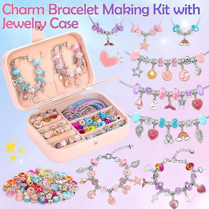 Kids Bracelet Making Kit with Jewelry Box for Girls Charm Beads for Jewelry Making Kit DIY Bracelet Craft Kit for Teen Girls Age 8-12 Kids Toy Birthday Valentine Gifts Christmas
