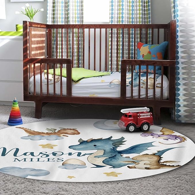 Personalized Baby Crib Bedding Set for Baby Boys Girls, Blue Dinosaur Design Custom Name Baby Crib Sets 5-Pcs, Toddler Double Layer Blanket Fitted Sheets Changing Pad Cover Rug Wall Art Set