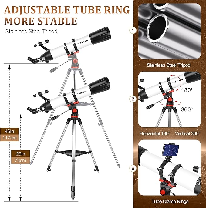 Dianfan Telescope,90mm Aperture 800mm Telescopes for Adults Astronomy,Portable Professional Refractor Telescope for Beginners,with Stainless Tripod & Phone Adapter,Carry Bag