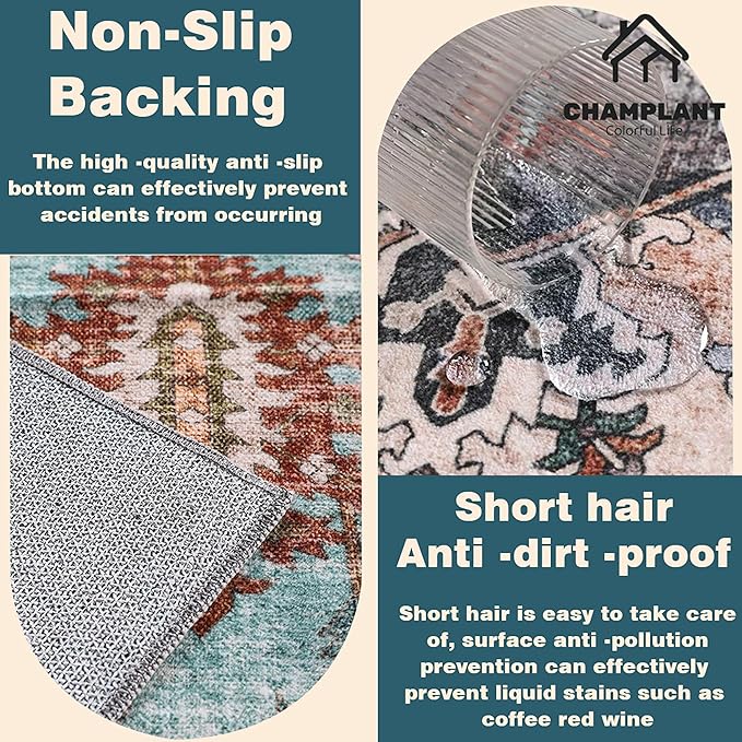 3'x5' Cyan Khaki Vintage Washable Thin Area Rug Traditional Floor Cover Foldable Indoor Distressed Non Slip Carpet Floral Print Mat Bedroom Living Room Bathroom