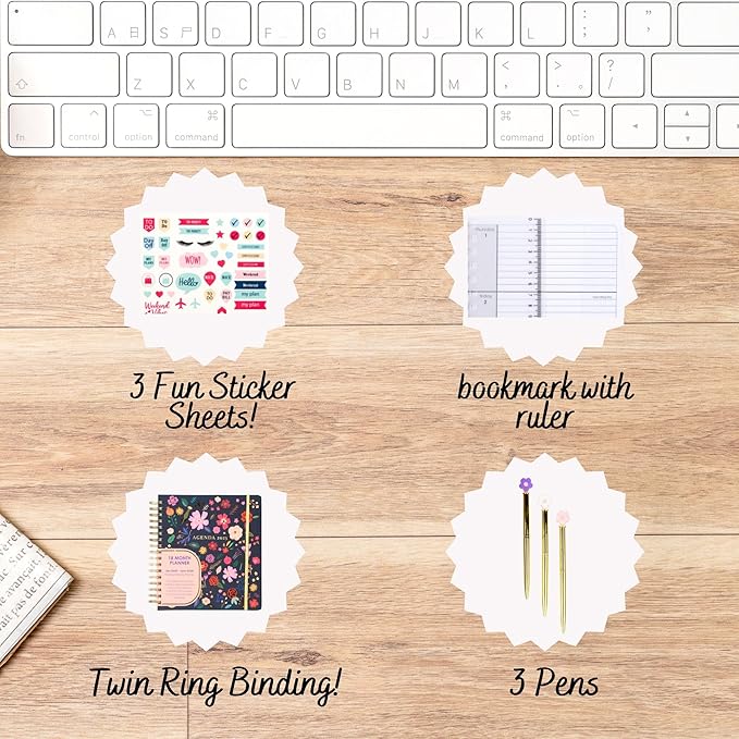 Votum 18-Month Day Large Planner, 2025-2026, Daily, Weekly & Monthly, January 2025 - June 2026, Blue Flowers - Appointment Book with 3 Sticker Sheets, Twin-Ring Binding, Notes Pages - School & Work