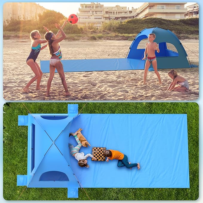 Beach Tent Sun Shelter with Extended Sand Mat 114×82inch，UPF 50+ Protection, 3 Double-Layer Windows for Enhanced Privacy; Portable Beach Shade, 3-4 People. Windproof and Waterproof