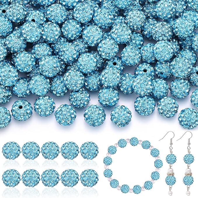 200pcs 10mm Rhinestone Beads for Jewelry Making, Aquamarine Shiny Round Disco Ball Beads Bulk, Sparkle Crystal Clay Christmas for Bracelet Baseball Necklace Earring Crafting and DIY