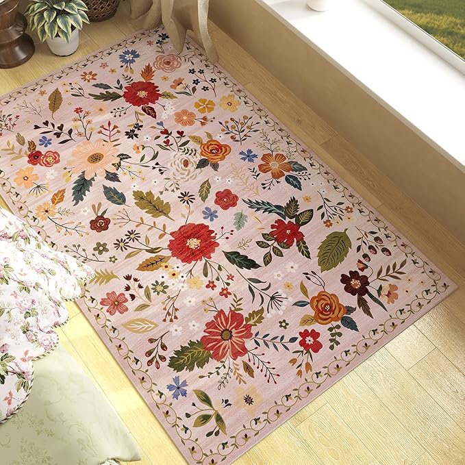 3x5 Area Rug, Floral Pink Washable Rug for Entryway, Non Slip Flower Area Rugs, Soft Low Pile Indoor Doormat Small Carpet, Rugs for Living Room Bedroom Nursery Kitchen Dining Room, Pink/Beige