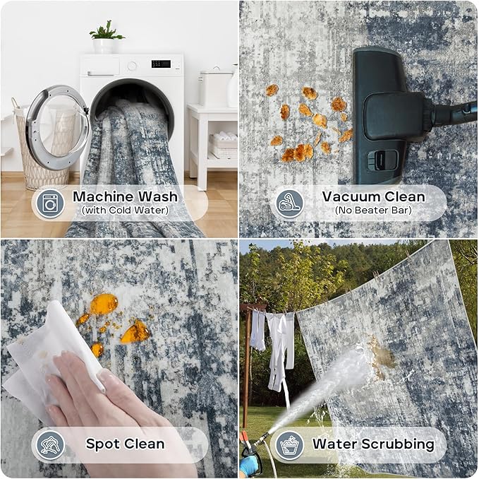 10x14 Area Rugs Large Living Room Rug Washable: Modern Abstract Rug Indoor Modern Carpet Non Slip for Dining Room Bedroom Nursery Home Office Blue/Grey