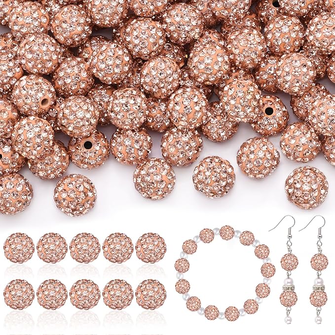 160pcs 10mm Rhinestone Beads for Jewelry Making, Light Peach Shiny Round Disco Ball Beads Bulk, Sparkle Crystal Clay Christmas for Bracelet Baseball Necklace Earring Crafting and DIY