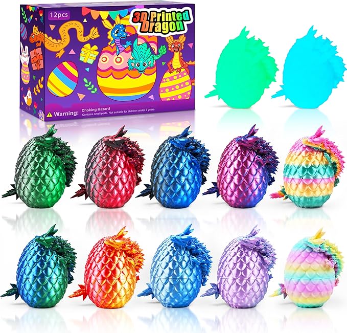 12PCS 3D Printed Dragon Eggs with Dragon Inside, Cool Stuff Fun Gifts, Mini Dragon Egg Set Articulated Crystal Dragon Fidget Toy for Adults Teens Boy Gifts Easter Basket Stuffers