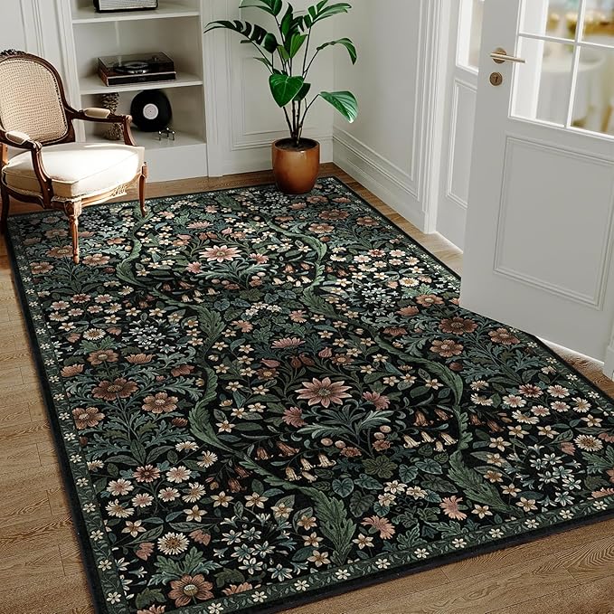 3x5 Black Boho Floral Vintage Area Rug,Soft Lightweight Low Pile Non-Shedding Carpet,Machine Washable Stain Resistant & Non-Slip for Entryway,Bedroom, Kids Room,Living Room