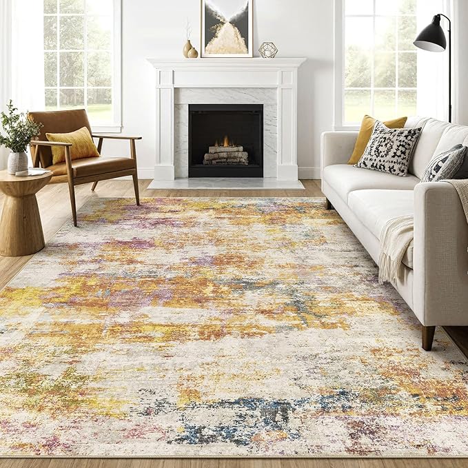 10x14 Area Rugs Living Room: Washable Large Abstract Modern Soft Stain Resistant Indoor Floor Rugs Non-Slip Accent Carpet for Bedroom Nursery Playroom Office Dining Room Dorm Home House- Gold Colorful