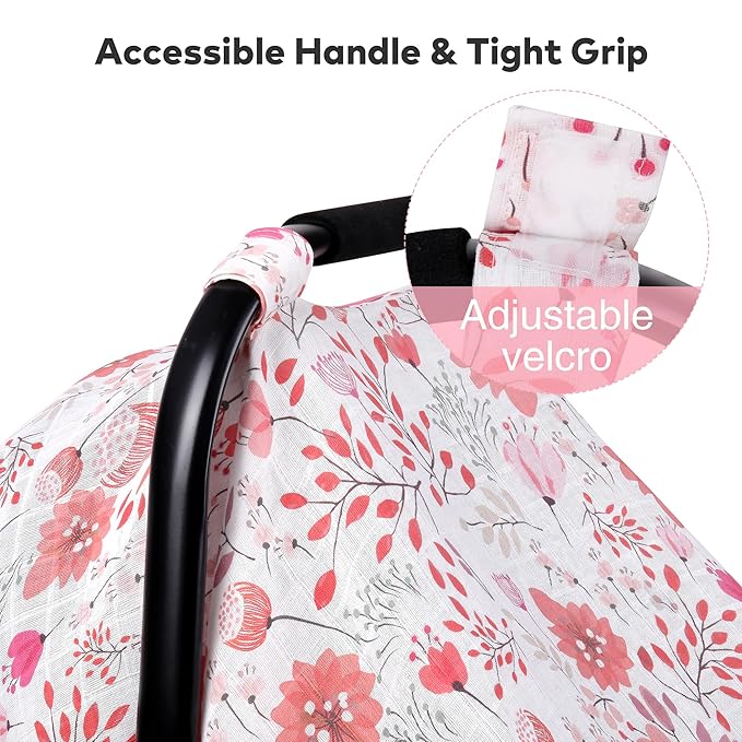 Rquite Muslin Car Seat Cover Baby, Carseat Covers Baby Girl Boy, Breathable Lightweight Infant Car Seat Cover, Baby Carrier Cover Car Seat Canopy Stroller Sun Shade for Summer & Hot Day, Universal Fit