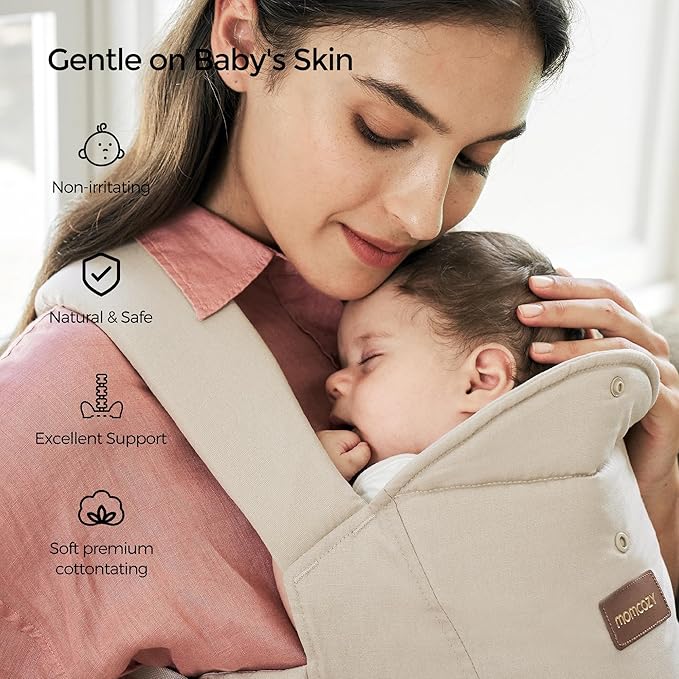 Momcozy Newborn Carrier WeeSnug- Lightweight and Cozy Comfort for 7-25 lbs, Ergonomic Cross-Back Support, Effortless to Put On, Hands-Free Baby Carrier with Lumbar Support, Khaki