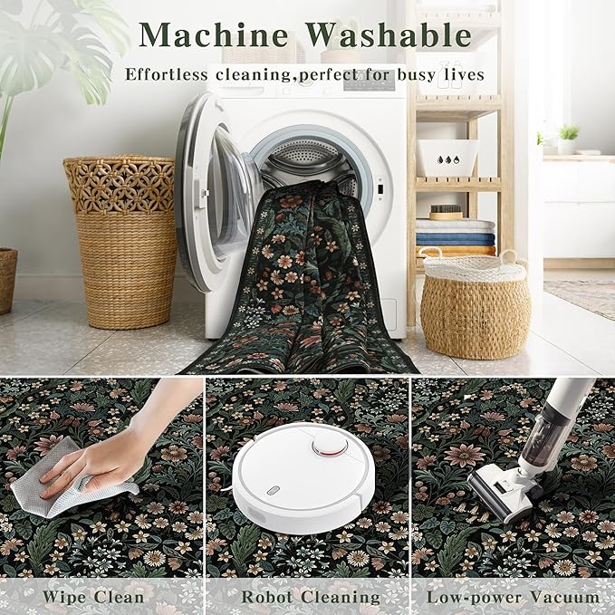 2x6 Washable Runner Rug,Black Floral Boho Area Rug for Hallway,Low-Pile Non-Slip Stain Resistant Carpet for Kitchen, Bedside,Laundry Room,Entryway