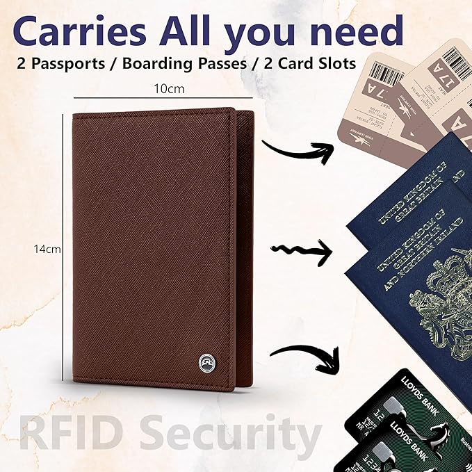 2 Passport Holder - Travel Essentials, RFID Blocking Wallet Credit Card Organiser, Plain Accessories Slim Cover For Men & Women