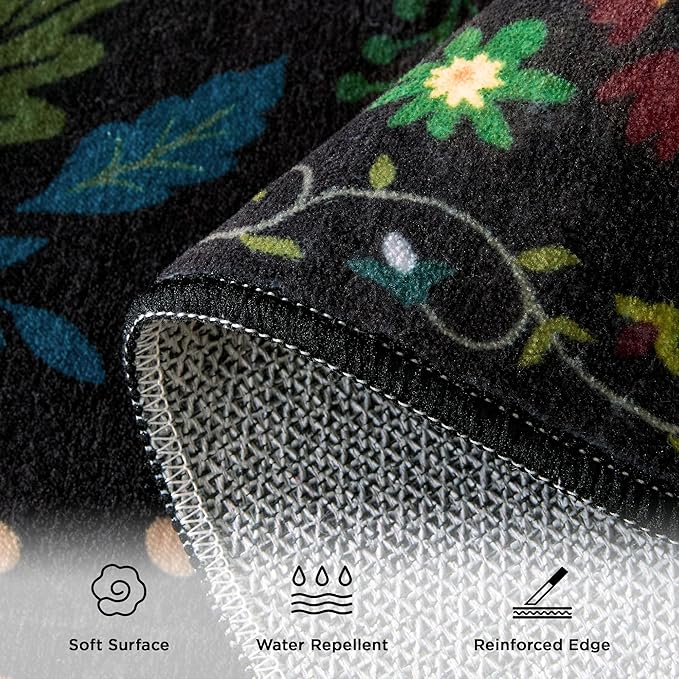2x3 Washable Rug for Entryway, Floral Soft Small Area Rug, Non Slip Doormat Indoor Entrance Carpet, Flower Low Pile Front Door Throw Rug for Bedroom, Kitchen, Laundry, Bathroom, Black