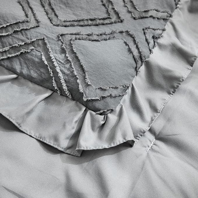 Tufted Ruffle Crib Bedding Set 3 Pieces Baby Boho Quilted Comforter with Fitted Sheet and Bed Skirt - Cute Ruffled Shabby Chic Baby Bedding Soft Blanket Design Gray