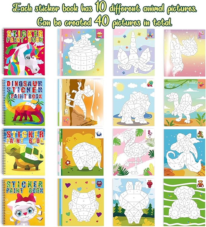 4PCS Crafts for Kids Ages 4-8 Sticker Books - Includes Dinosaur Llama Turtle and More Animal Designs Gift Party Create 40 Pictures