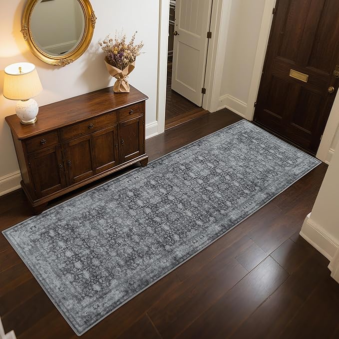 2'6"x8' Washable Runner Rug for Hallway, Non Slip Vintage Floral Long Carpet Runners for Entryway, Kitchen, Bathroom, Bedroom, Low Pile Laundry Rugs with Rubber Backing (Distressed Grey)
