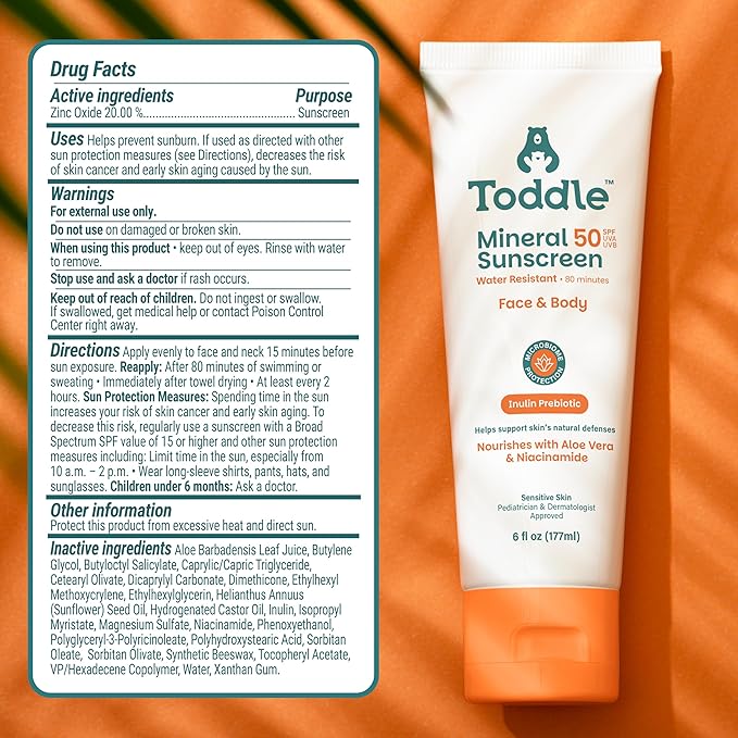 Prebiotic Mineral Sunscreen SPF 50 for Kids & Baby, Face & Body Sun Protection, Reef Safe, Non-Toxic Zinc Oxide Broad Spectrum, Water-Resistant, No White Cast, 6oz