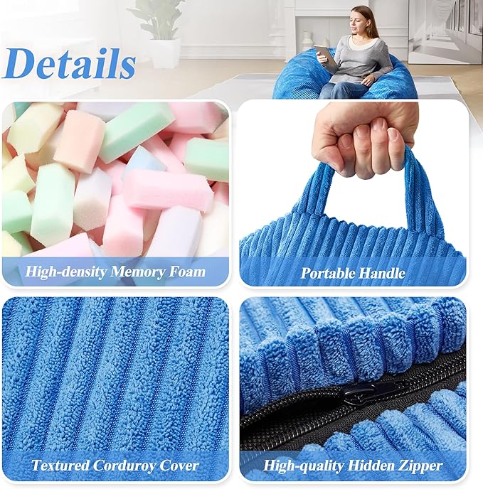 3.5FT Bean Bag Chairs Teardrop Bean Bag Chair for Adults Beanbag Chair with Memory Foam Filled Machine Washable Cover for Living Room, Bedroom (Large,Blue)