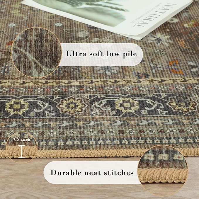 2x6 Washable Kitchen Runner Rug for Hallways, Non Slip Laundry Runners for Bathroom, Low Pile Rubber Backed Rugs for Entryway, Vintage Floral Carpet for Living Room Bedroom Brown/Yellow