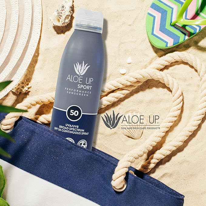 ALOE UP Sport Continuous Spray Sunscreen SPF 50 - Broad Spectrum UVA/UVB Sunscreen Protector for Face and Body - With Aloe Vera Gel - Fast Absorbing Sheer Formula - Reef Safe - Fragrance-Free - 6 Oz