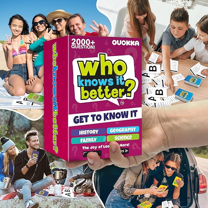 QUOKKA Who Knows Better? - Set 4 in 1 - Family Card Trivia Game | Fun Learning & Educational Questions for Families | Suitable for Boys & Girls