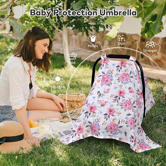 Rquite Muslin Car Seat Cover Baby, Carseat Covers Baby Girl Boy, Breathable Lightweight Infant Car Seat Cover, Baby Carrier Cover Car Seat Canopy Stroller Sun Shade for Summer & Hot Day, Universal Fit