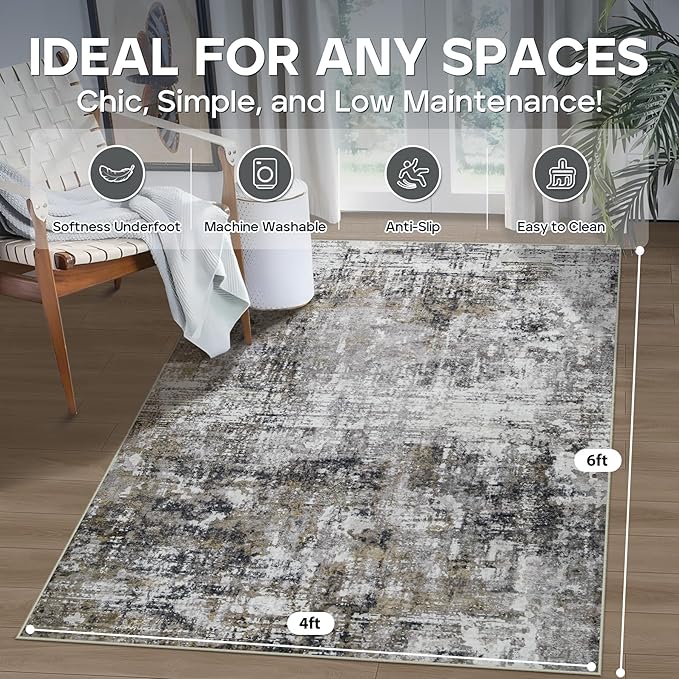 4x6 Area Rugs for Living Room Rug Washable: Modern Large Rug for Dining Room Bedroom Carpet Non Slip Low Pile 4 by 6 Indoor Abstract Nursery Home Office Black Gold