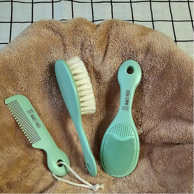 3 Piece Baby Hair Brush & Comb Set for Newborns- Soft Goat Bristle Hair-Brush, Silicone Bath Brush and Plastic Comb for Infant, Toddler, Kids - Baby