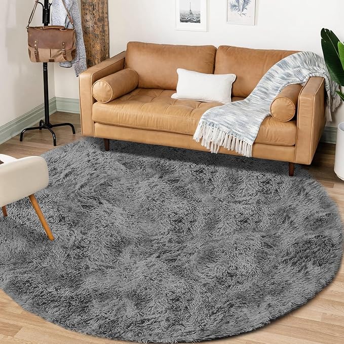 4FT Round Rug for Bedroom: Fluffy Shag Soft Washable Rugs Circle Small Fuzzy Plush Indoor Carpet for Living Room Nursery Playroom Dorm Kids Girls Boys Room (Dark Grey, 4'x4')