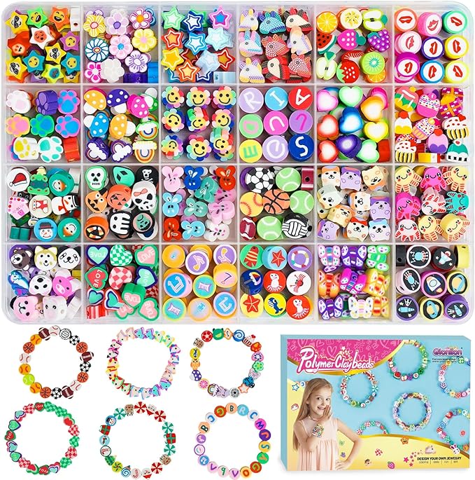 Gionlion 500 Pcs Polymer Clay Beads Bracelet Making Kit，24 Style Animal Fruit Flower Butterfly Bunny Pony Letter Beads Charms for Jewelry Making, DIY Art and Crafts Toys Gifts for 4+ Year Old Kids