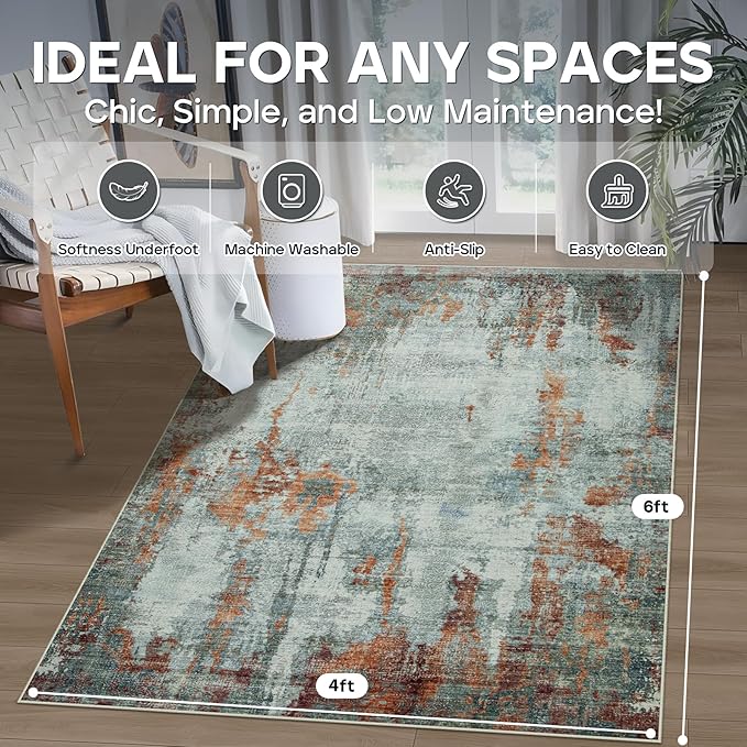 4x6 Area Rugs for Living Room Rug Washable: Modern Large Rug for Dining Room Bedroom Carpet Non Slip Low Pile 4 by 6 Indoor Abstract Nursery Home Office Red Brown