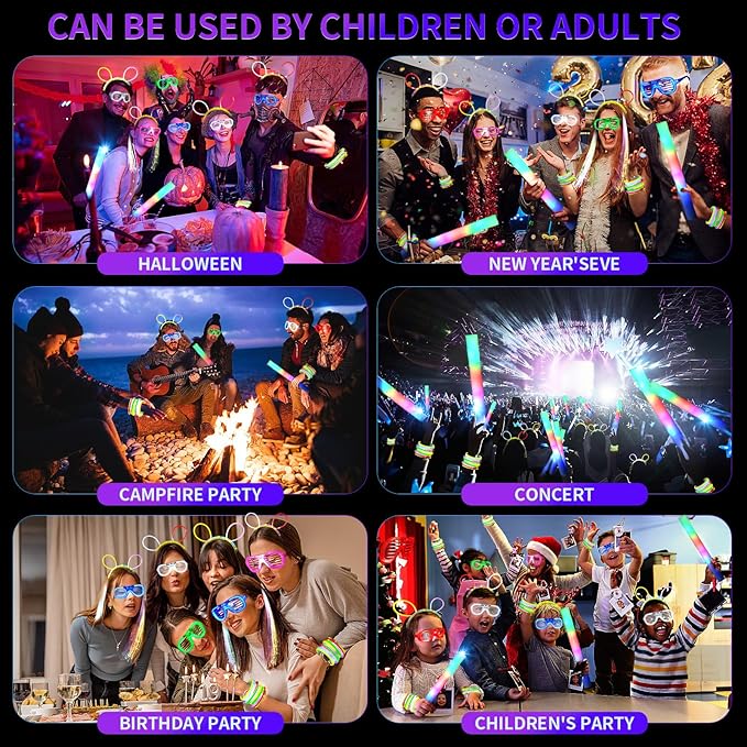 272 PCs Glow Party Supplies, 24 Foam Glow Sticks, 24 LED Glasses and 200 Glow Sticks ＆ Bracelets, 12 Glow sticks headband 12 Fiber Optic Hair Light，Glow Neon Party Favors for Wedding, Concert, Raves