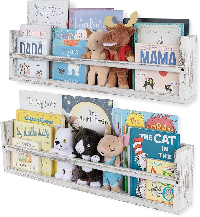Brightmaison Polynez 30" Floating Shelves for Wall Decor, Kids Bookshelf, Nursery Book Shelves, Multiuse Shelf Set of 2 Wood Burnt White