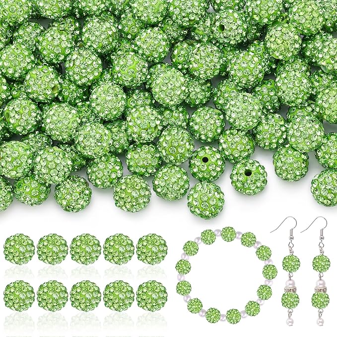 160pcs 10mm Rhinestone Beads for Jewelry Making, Light Green Shiny Round Disco Ball Beads Bulk, Sparkle Crystal Clay Christmas for Bracelet Baseball Necklace Earring Crafting and DIY