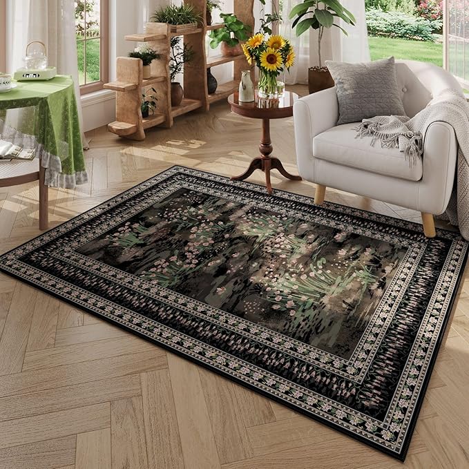 3x5 Washable Rug Impressionist-Style Vintage Non Slip Low Pile Small Carpet for Bedroom Bedside Kitchen Entryway Kids Room Office College Dorm Essentials for Girls, Black