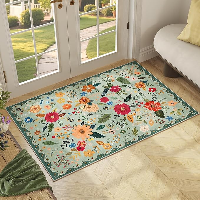 3x5 Area Rug, Floral Green Washable Rug for Entryway, Non Slip Flower Area Rugs, Soft Low Pile Indoor Doormat Small Carpet, Rugs for Living Room Bedroom Nursery Kitchen Dining Room, Sage Green